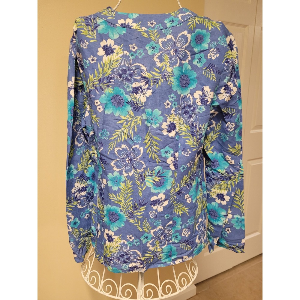 Emma James Liz Claiborne Blouse Womens Blue Floral Linen Blend Tropical Size 10 - Picture 3 of 6